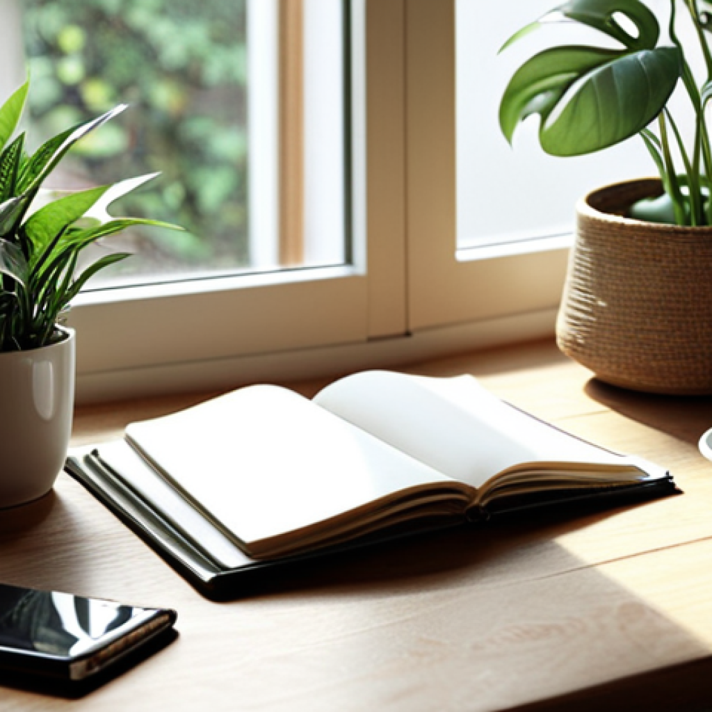 ** A serene workspace filled with plants, a notebook, a cup of coffee, and soft natural light, conveying a sense of calm and inspiration.

**