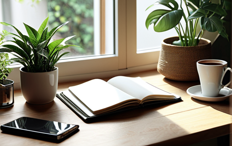 ** A serene workspace filled with plants, a notebook, a cup of coffee, and soft natural light, conveying a sense of calm and inspiration.

**